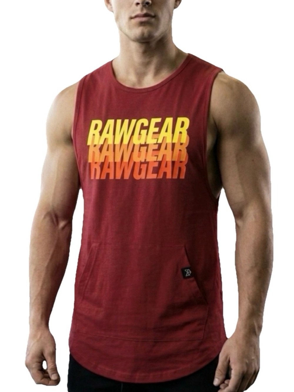 Rawgear Yellow & Red Logo Men’s Red Sleeveless Kangaroo Pocket Tank Size Large